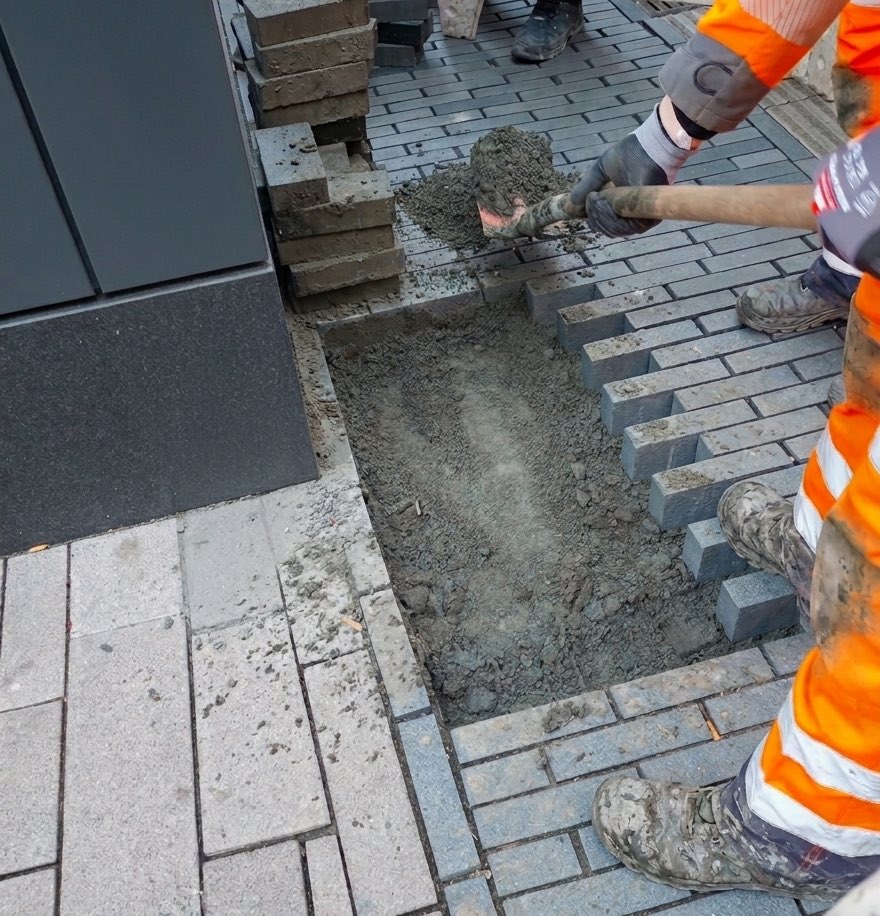 Mitarbeiter von TN Tiefbau stellt die Pflasterdecke nach einer Glasfaser-Aufgrabung wieder her